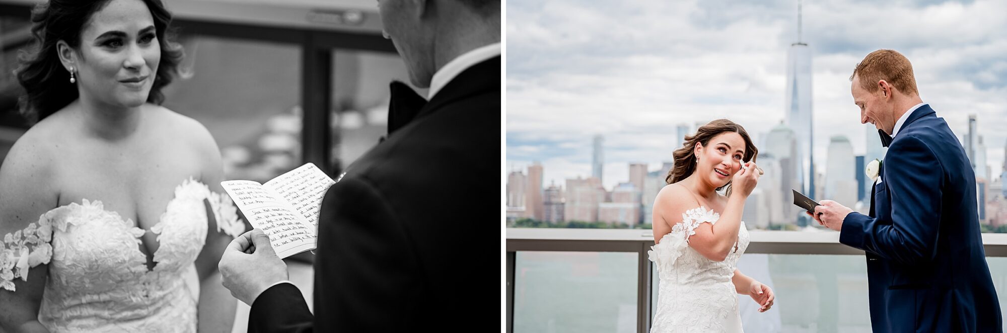 A bride and groom look at each other in front of a city skyline.