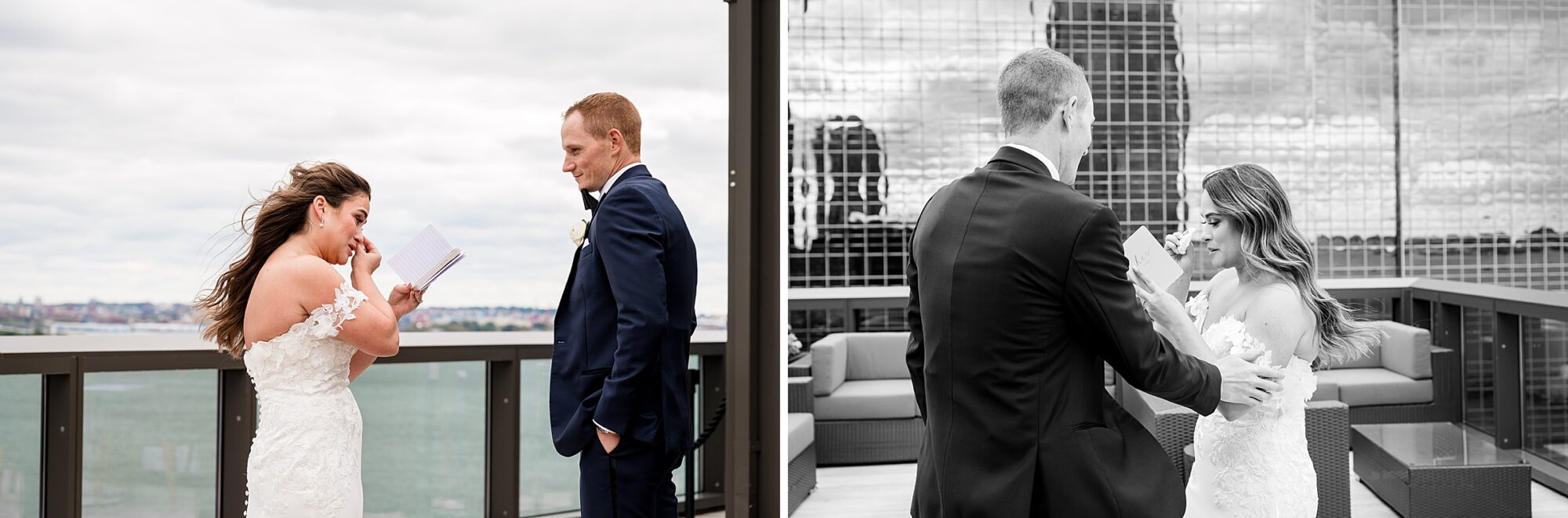 Two photos of a bride and groom on a balcony overlooking the city.
