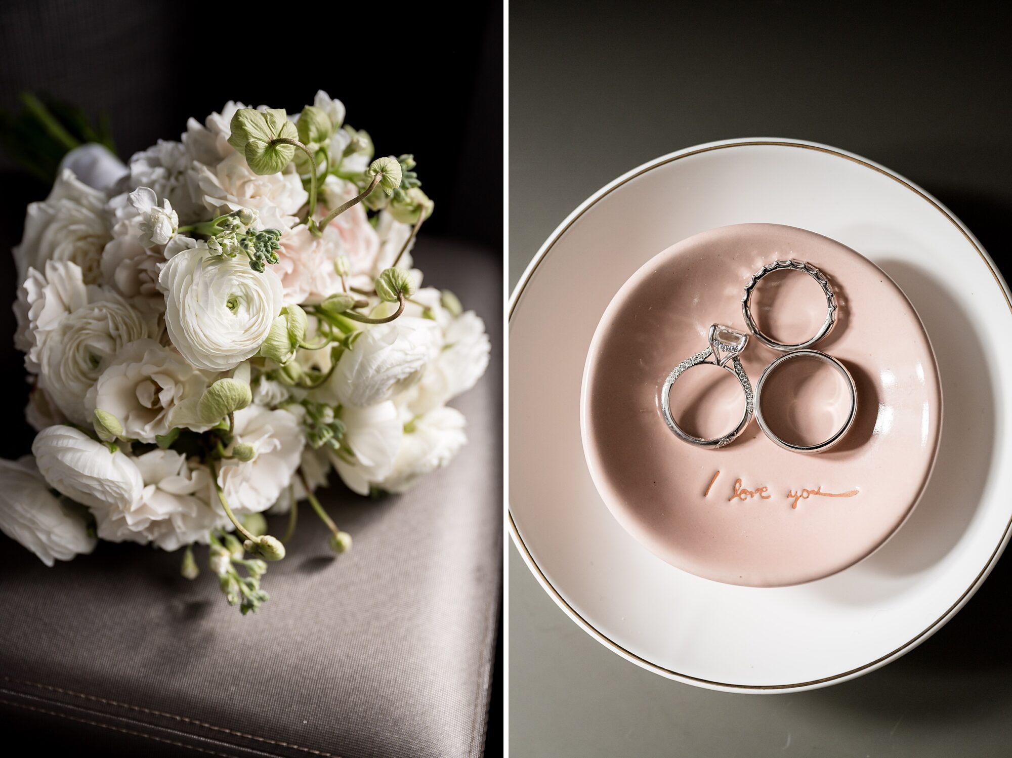 A wedding bouquet and wedding rings on a pink plate.
