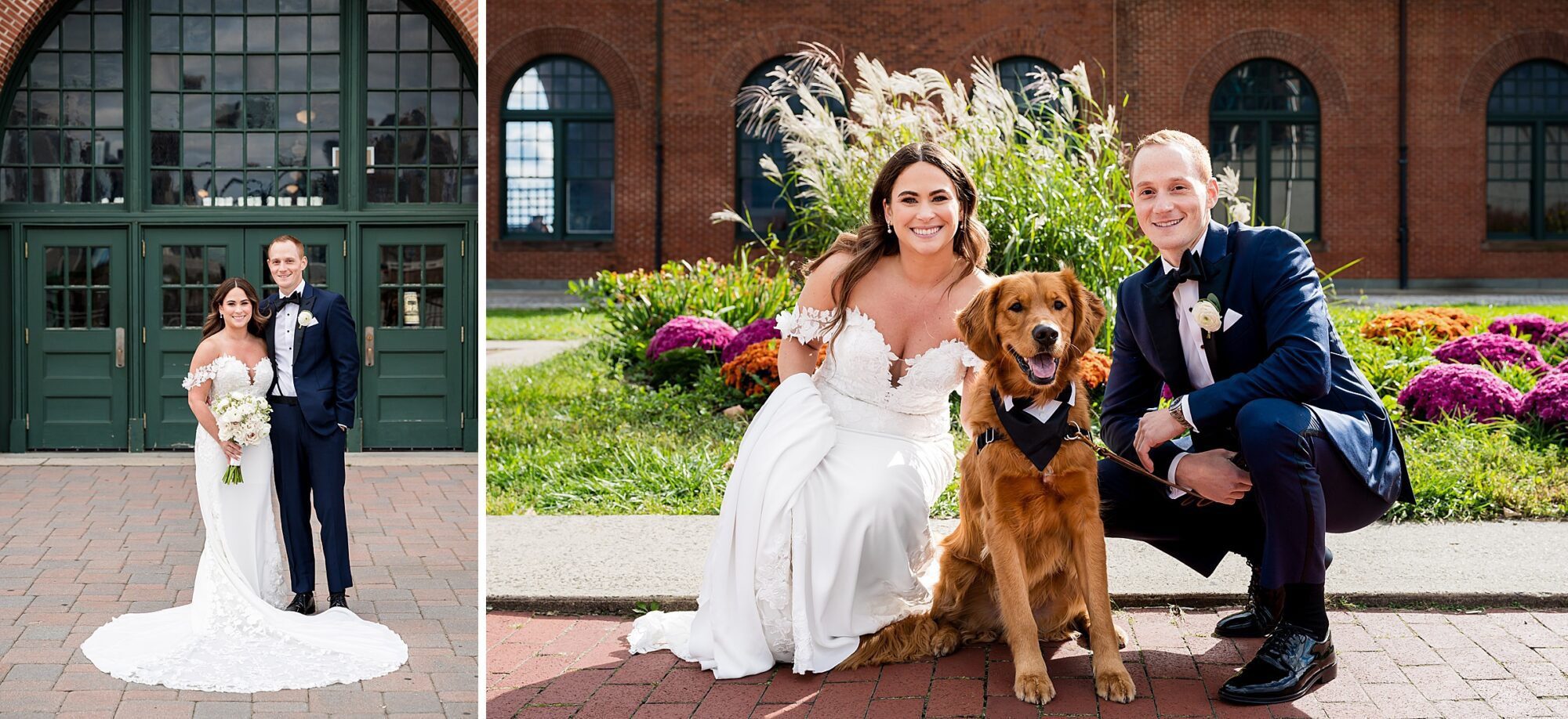 A bride and groom pose with their dog in front of a brick building.