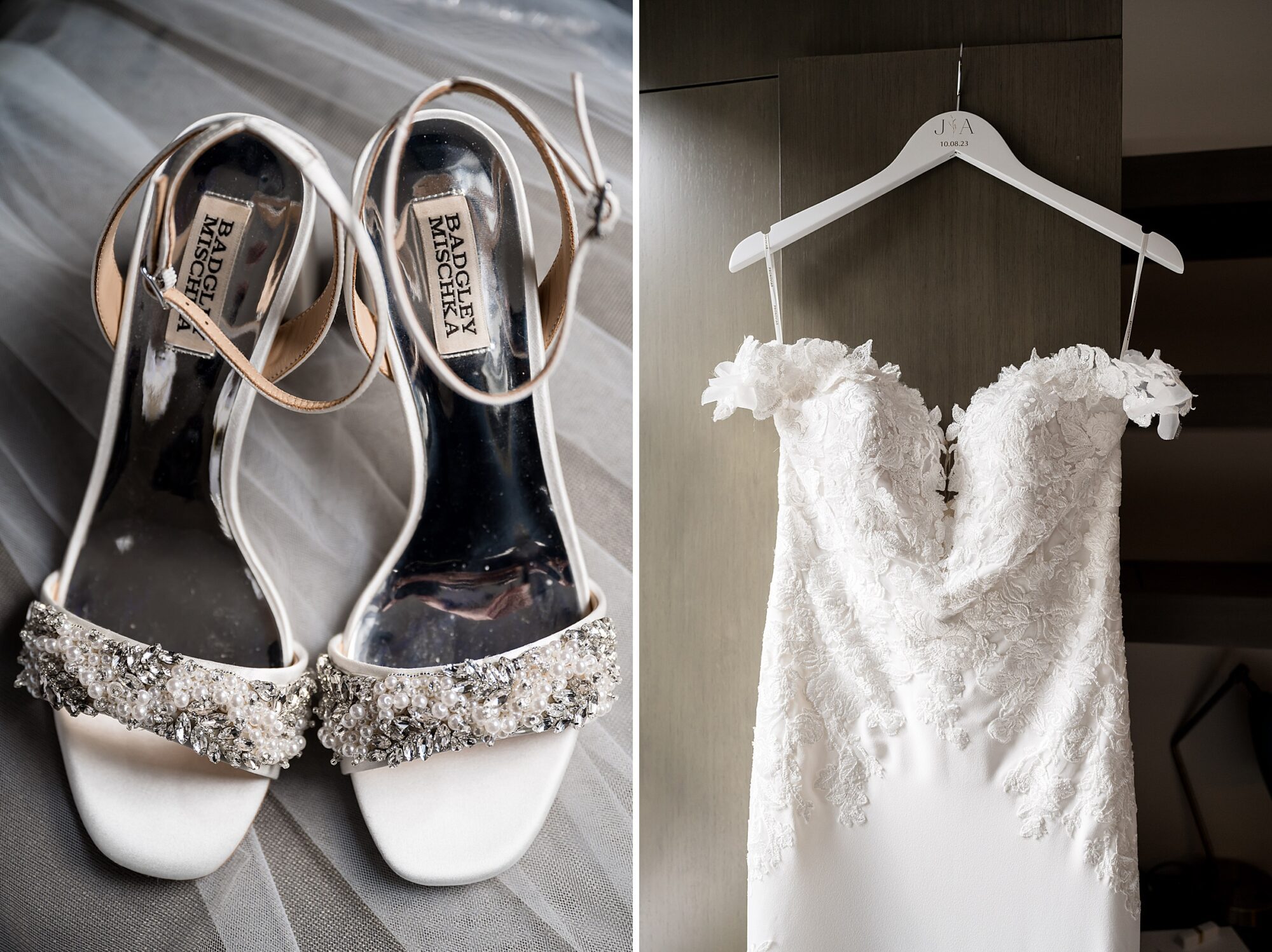 A wedding dress and shoes hanging on a hanger.