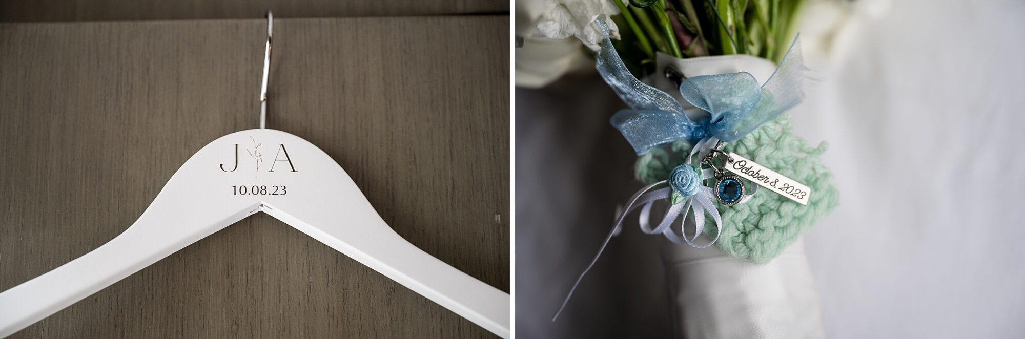 A wedding dress hangs on a hanger next to a bouquet.