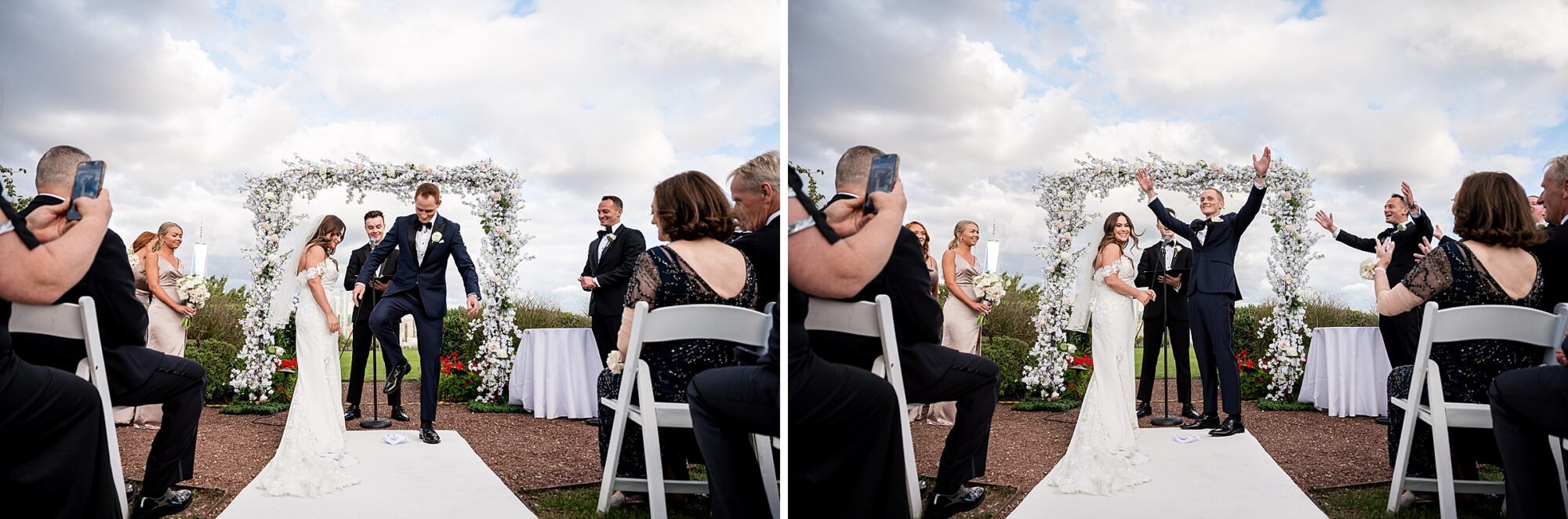 Two pictures of a wedding ceremony with the bride and groom waving.