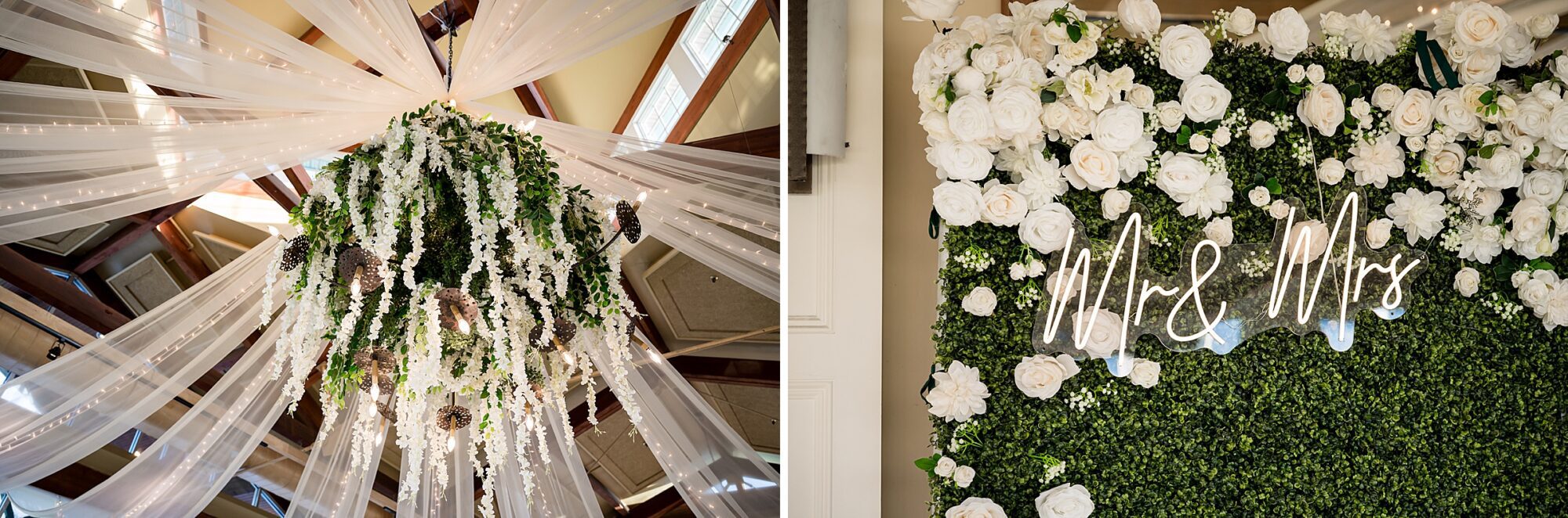 Two pictures of a wedding with white flowers hanging from the ceiling.
