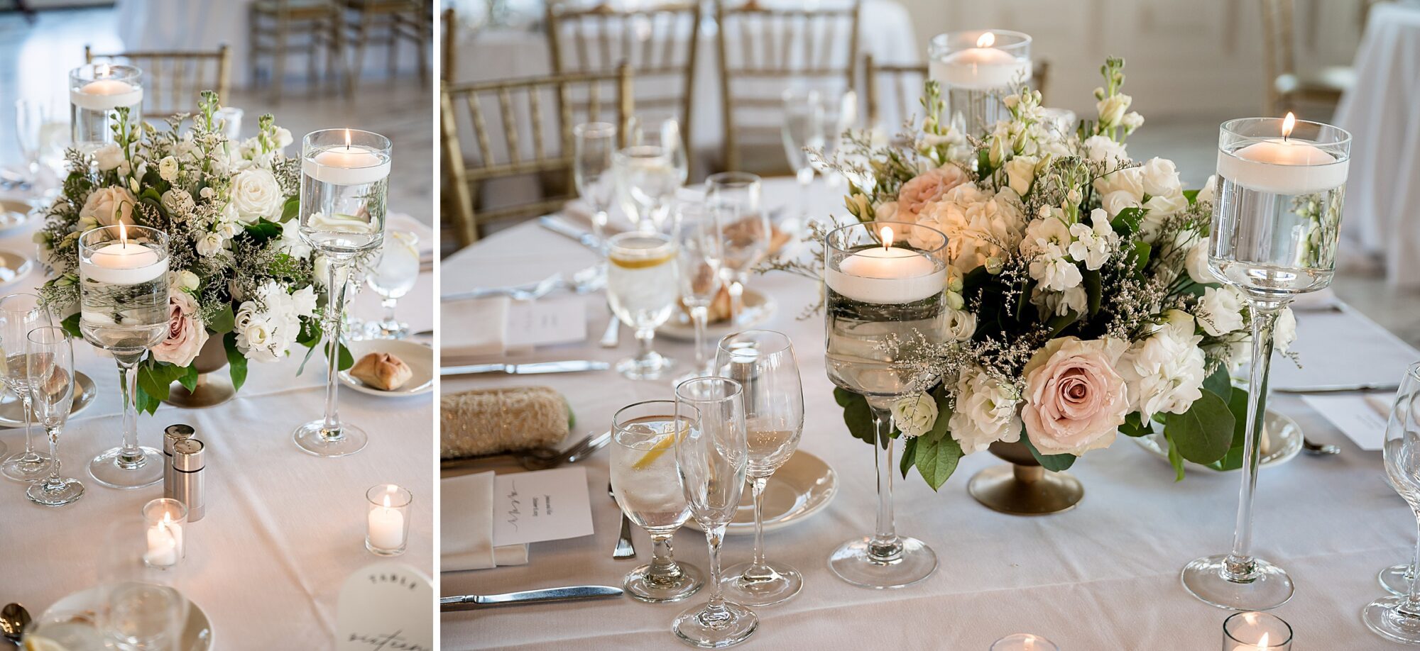 A wedding table setting with candles and flowers.