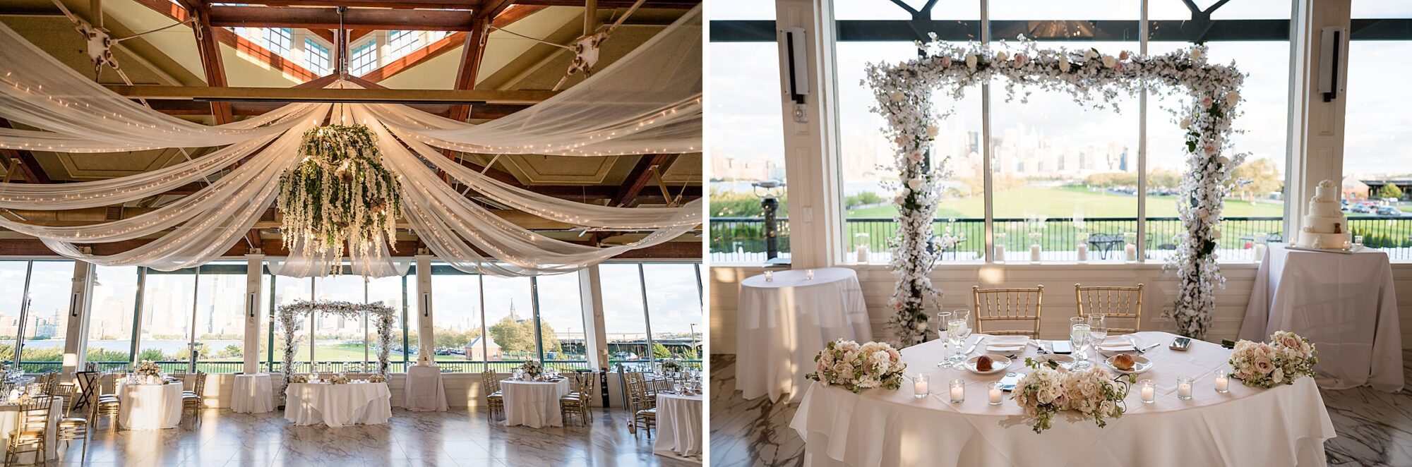 Two pictures of a wedding reception at a lakefront venue.