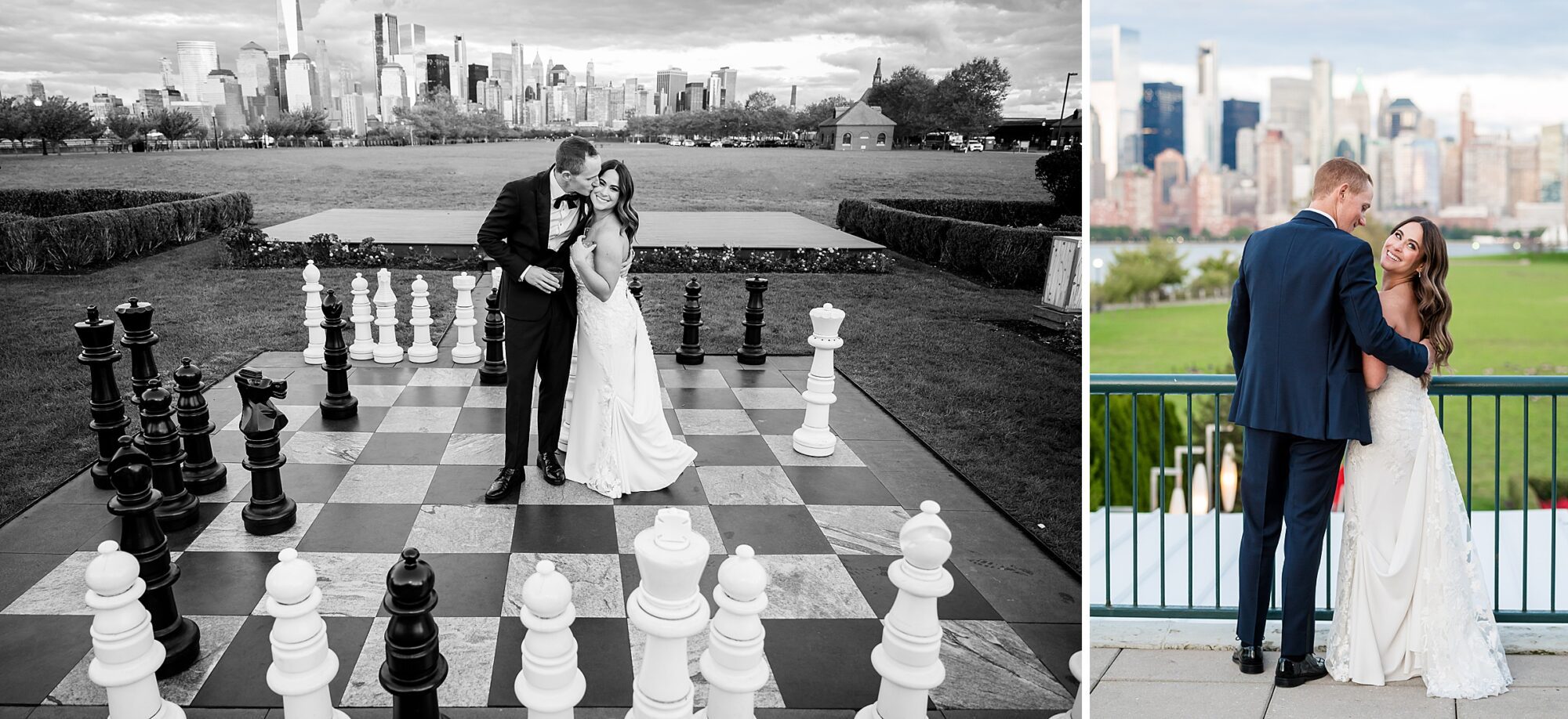A bride and groom pose on a chess board in front of a city skyline.