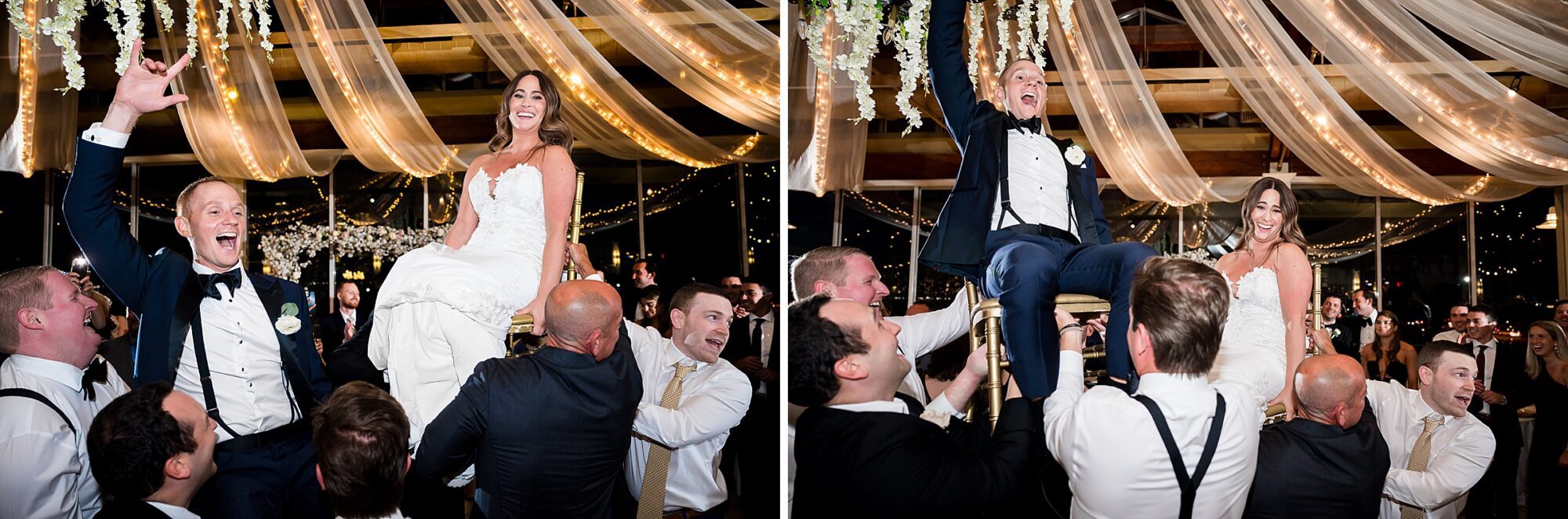 A bride and groom are in the air during their wedding reception at Liberty House