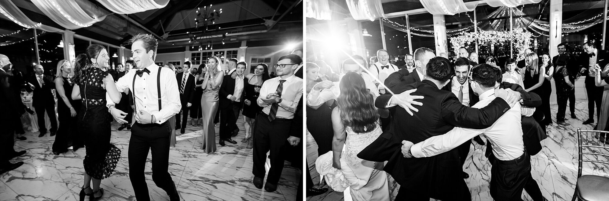 A black and white photo of people dancing at a Liberty House wedding.