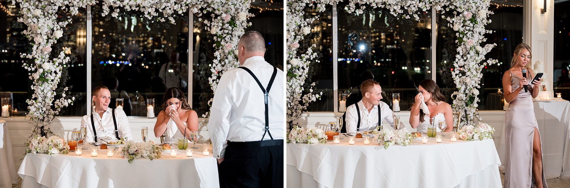 Two pictures of a bride and groom at a wedding reception at Liberty House in Jersey City NJ
