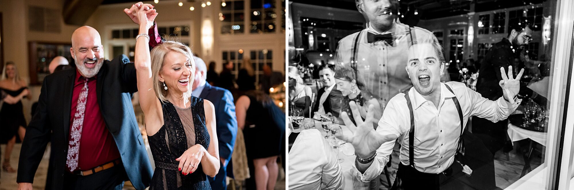 Two black and white photos of people dancing at a wedding.