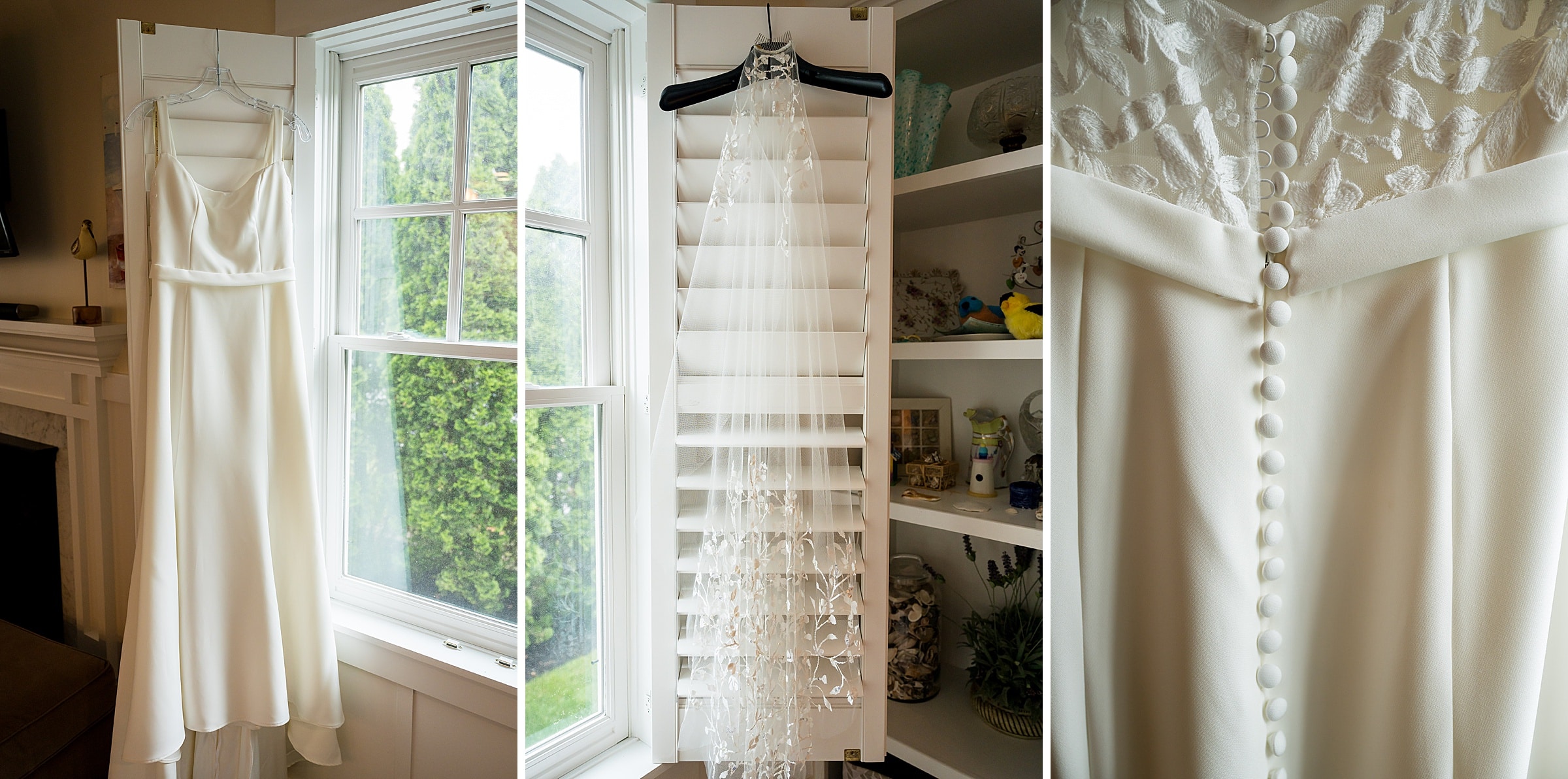 A white wedding dress on a hanger with close-up images of its lace details and buttoned back.