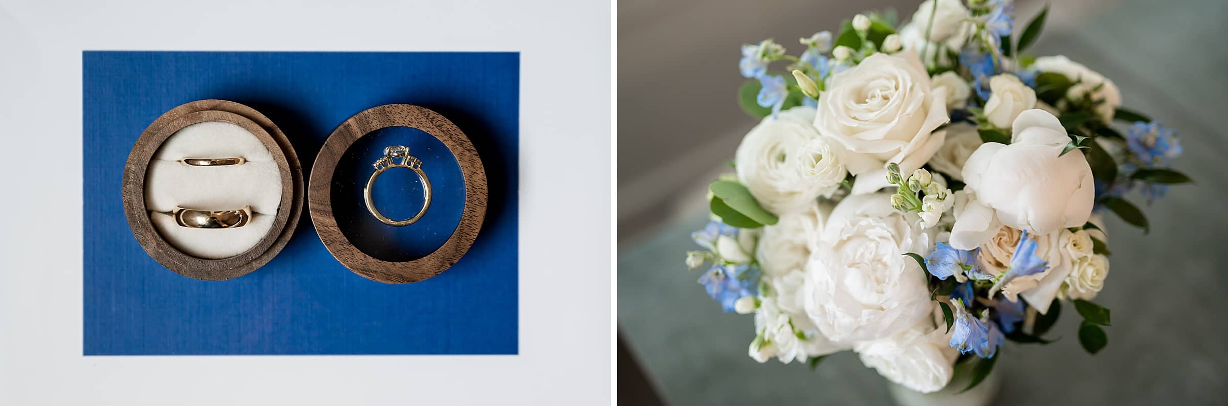 A pair of gold rings and a diamond ring in a wooden box sit on a blue background. Next to it, a bouquet of white and light blue flowers is placed on a table.