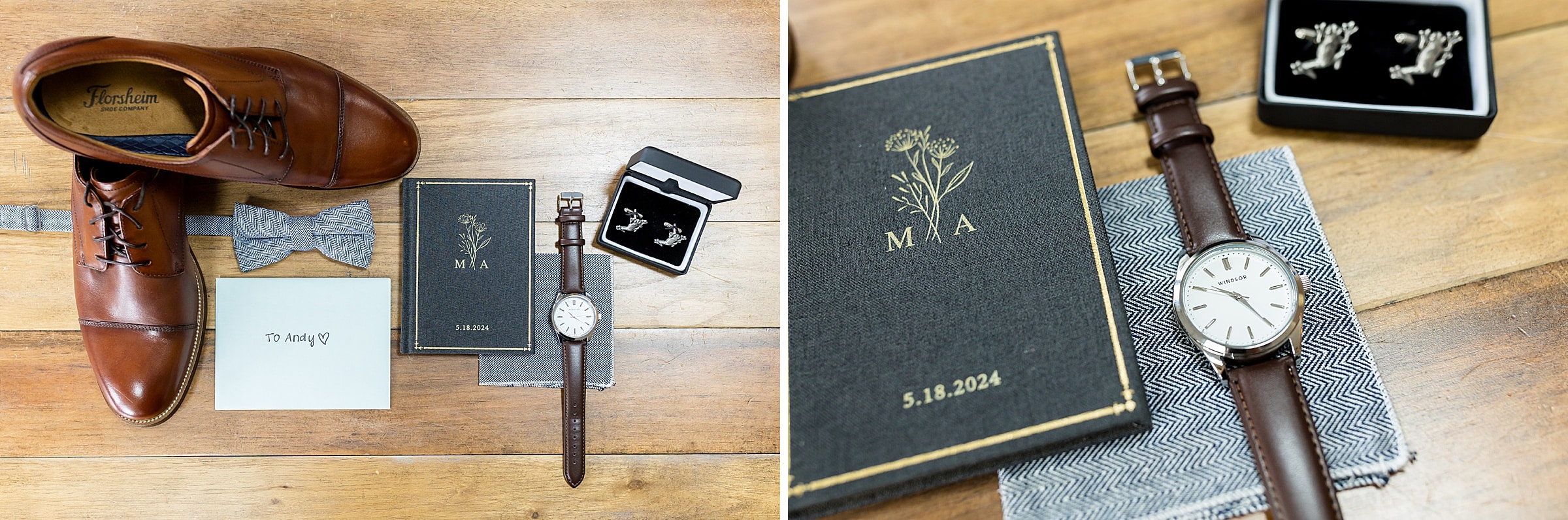 A pair of brown leather shoes, a gray bow tie, a wristwatch, cufflinks in a box, and personalized items with initials "M A" and date "5.18.2024" are arranged neatly on a wooden floor.
