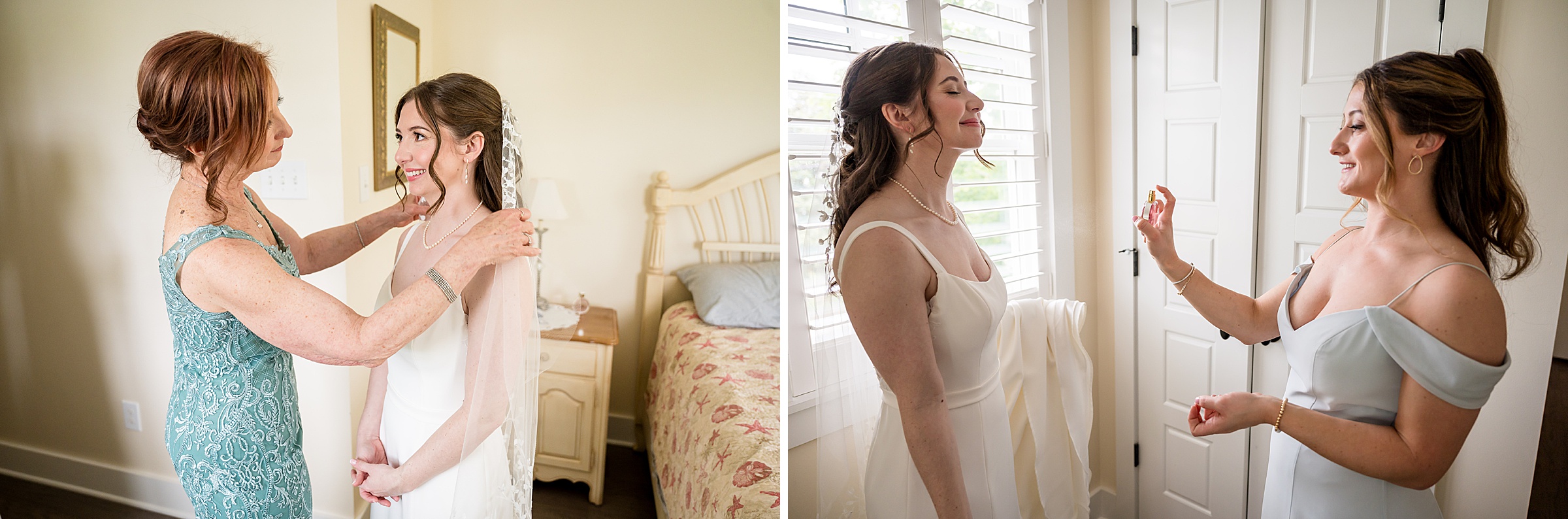 Two images of a bride preparing for her wedding. Left: A woman adjusts the bride's veil in a bedroom. Right: Another woman sprays perfume on the bride near a window.