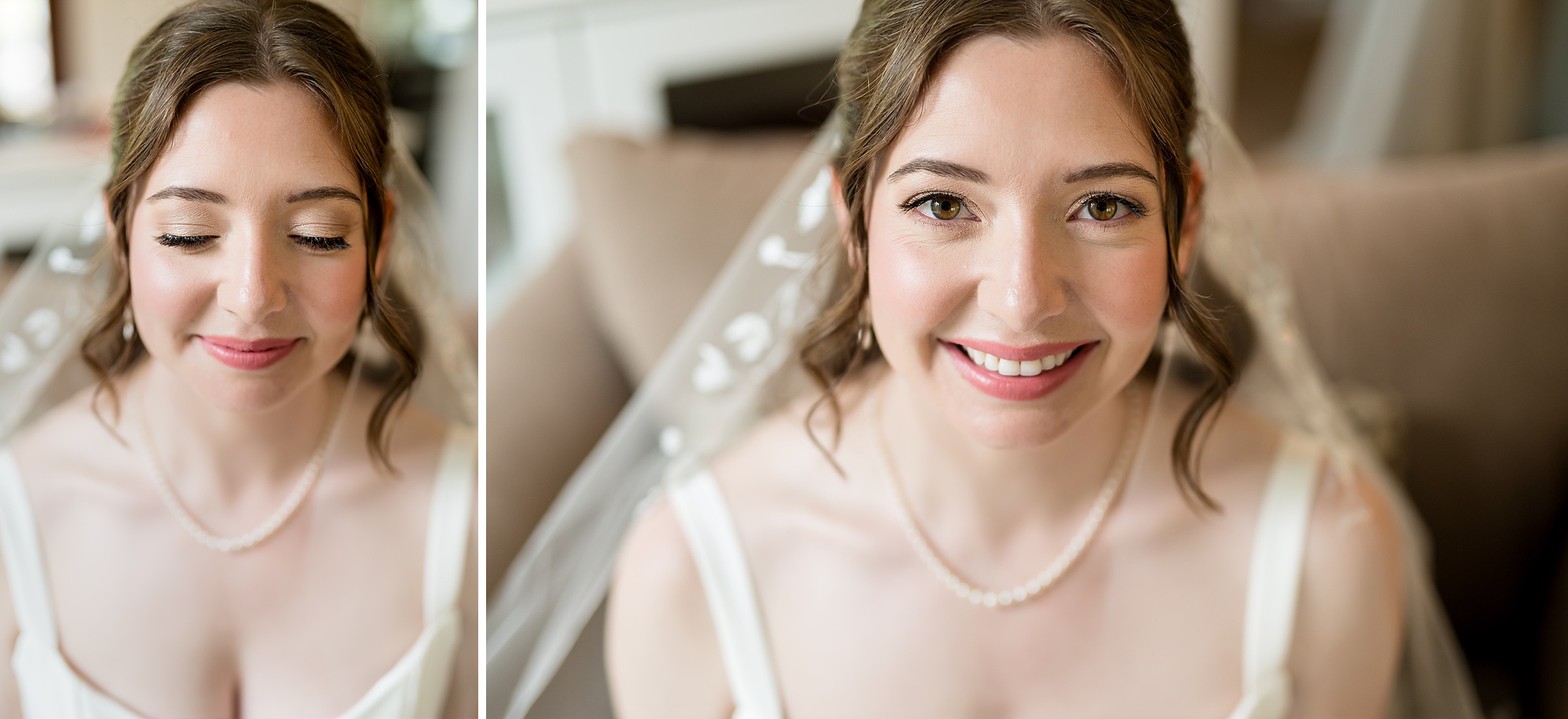 A bride with closed eyes in the left image and smiling at the camera in the right image, wearing a white dress, a veil, and a pearl necklace.