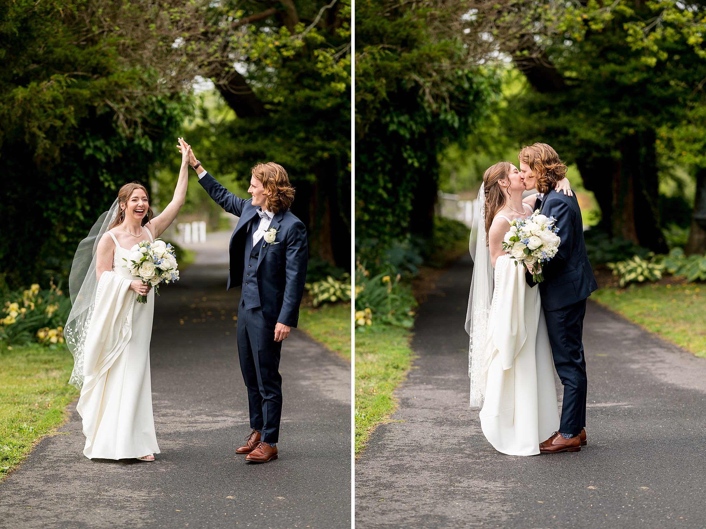A bride and groom are outdoors on a tree-lined path. In the left image, they hold hands and smile. In the right image, they kiss while holding hands. The bride holds a bouquet.