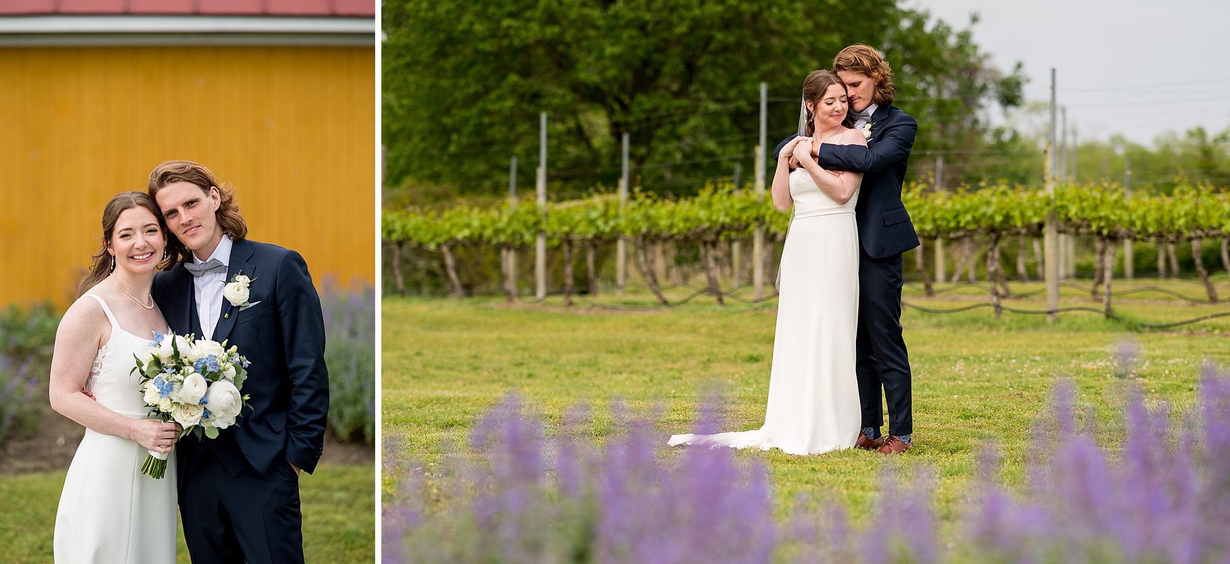 A bride and groom in wedding attire pose in a garden setting; the groom in a dark suit and the bride in a white gown. The left image shows them smiling, while the right shows an intimate embrace.