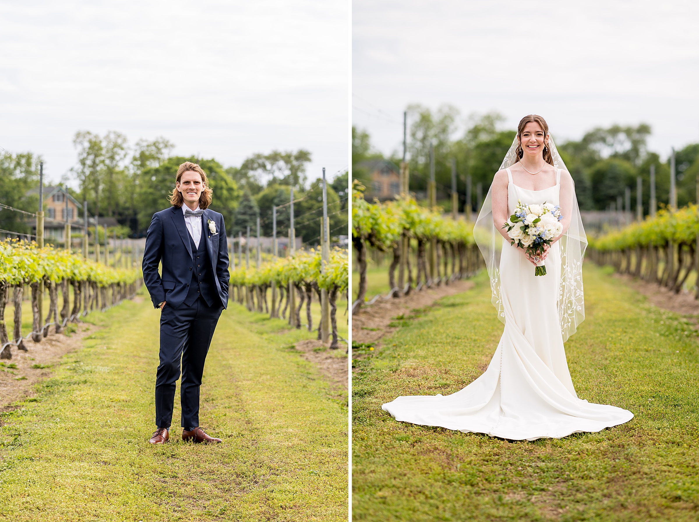 A man in a navy suit and a woman in a white wedding dress with a bouquet are standing separately in a vineyard.