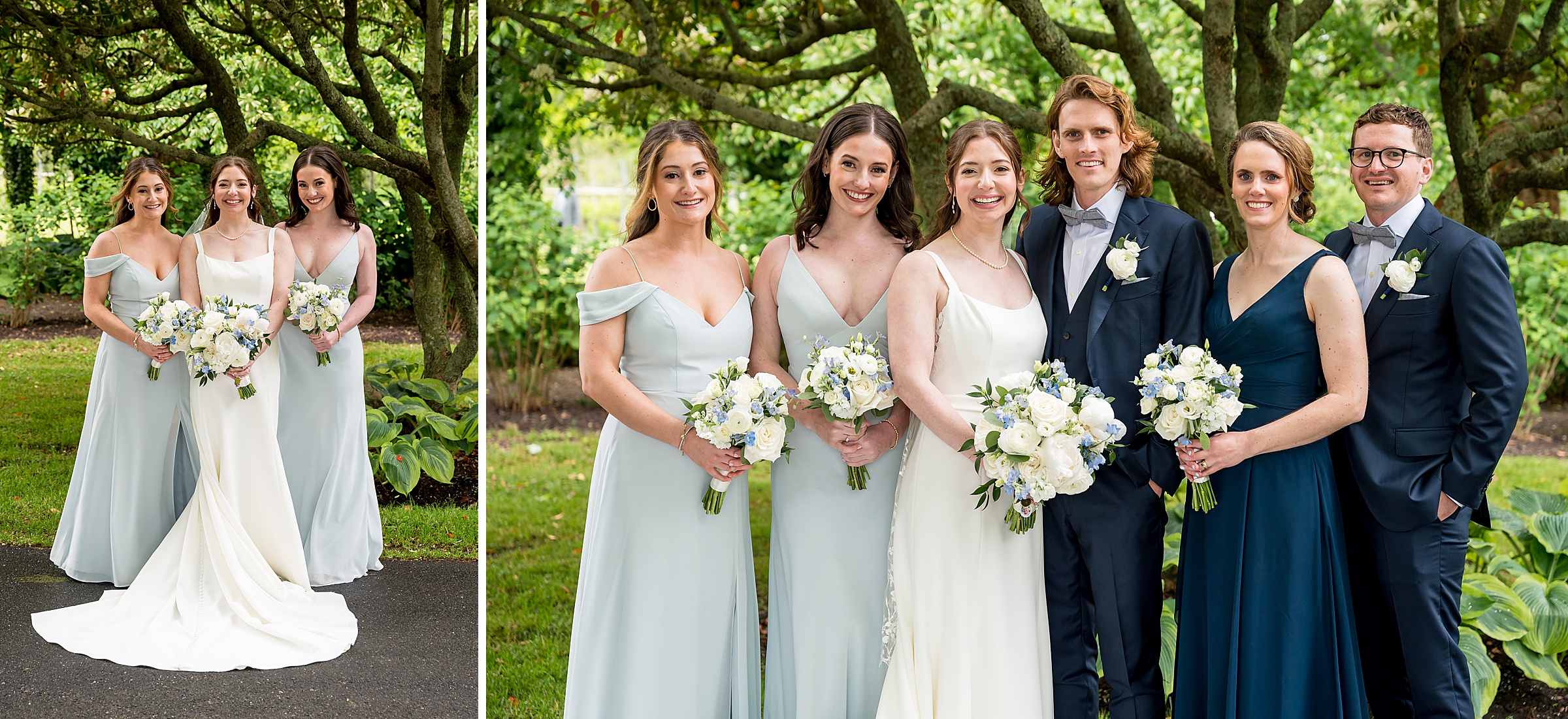 Two photos of a wedding party. In the first, three bridesmaids and the bride hold bouquets. In the second, the group includes the bride, two bridesmaids, the groom, and two groomsmen.