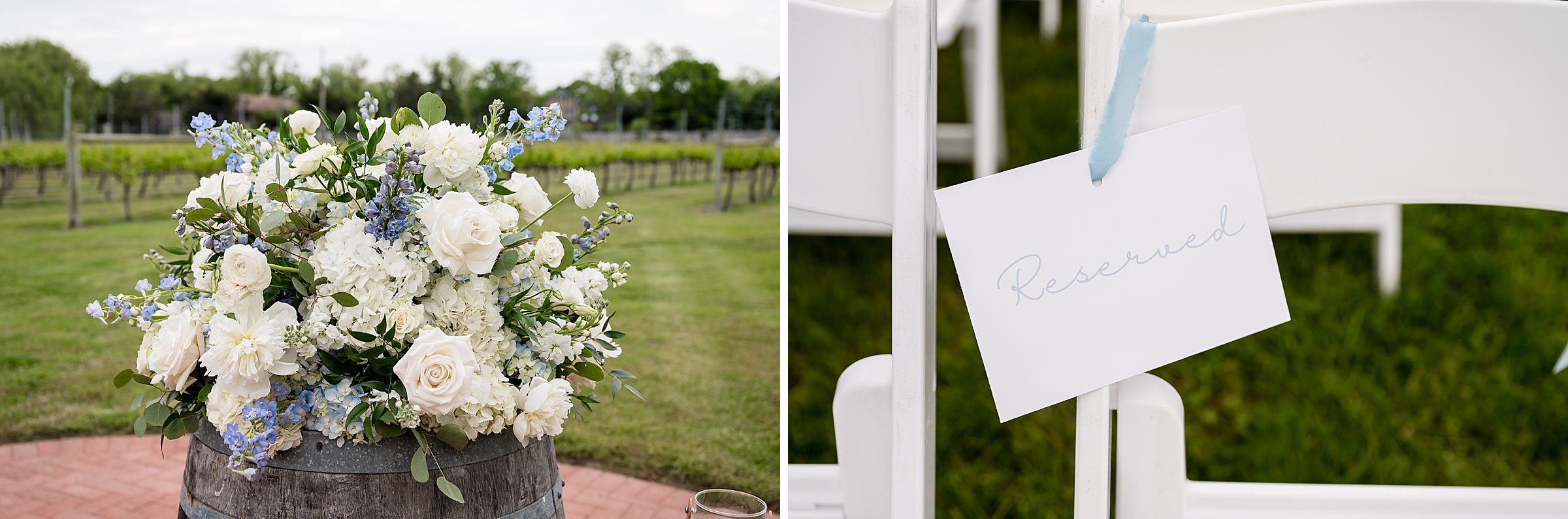 A wedding arrangement with white and blue flowers on a barrel. Next to it, a white chair with a reserved sign. A grassy area and trees in the background.