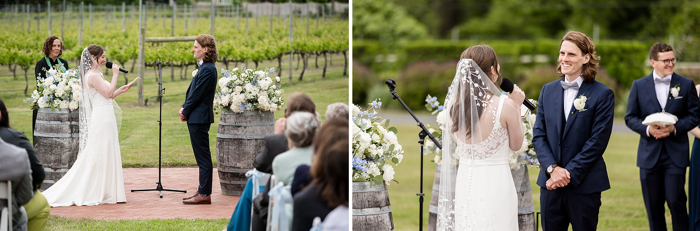A bride and groom stand facing each other during their outdoor wedding ceremony near a vineyard. The bride is speaking into a microphone while the groom and officiant look on.