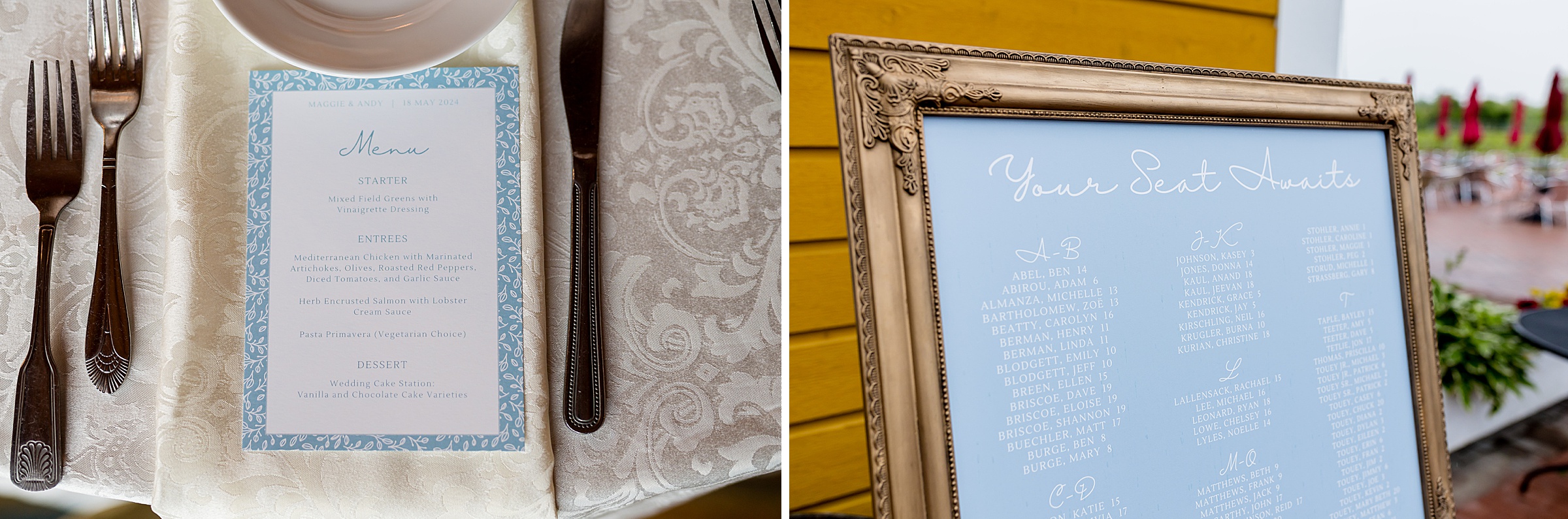 Close-up of a printed menu on a table with cutlery on the left; on the right, a framed seating chart on an easel outdoors, displaying guest tables and names.