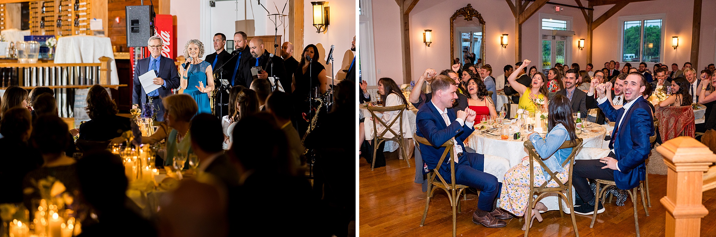 Guests seated at tables in a warmly lit reception hall listen attentively and raise glasses as a person speaks into a microphone in the left frame and diners enjoy the event in the right frame.