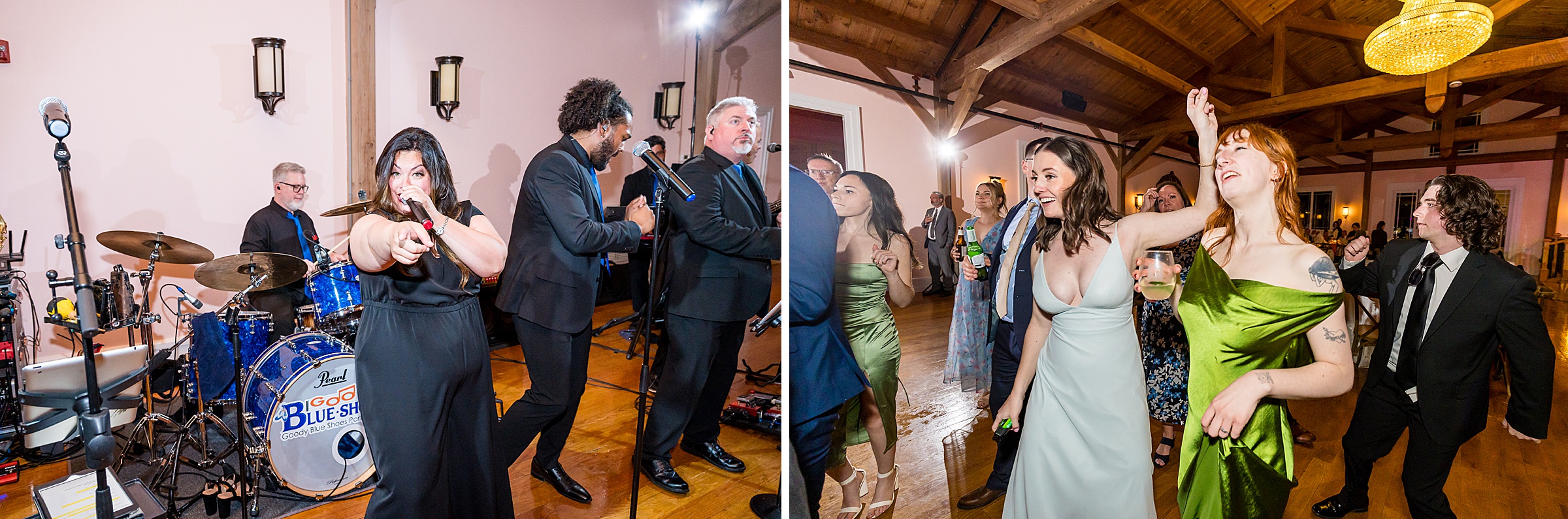 A band performs on stage as people dance and enjoy themselves at an indoor event. Left: Band members sing and play instruments. Right: Attendees dance energetically in formal attire.