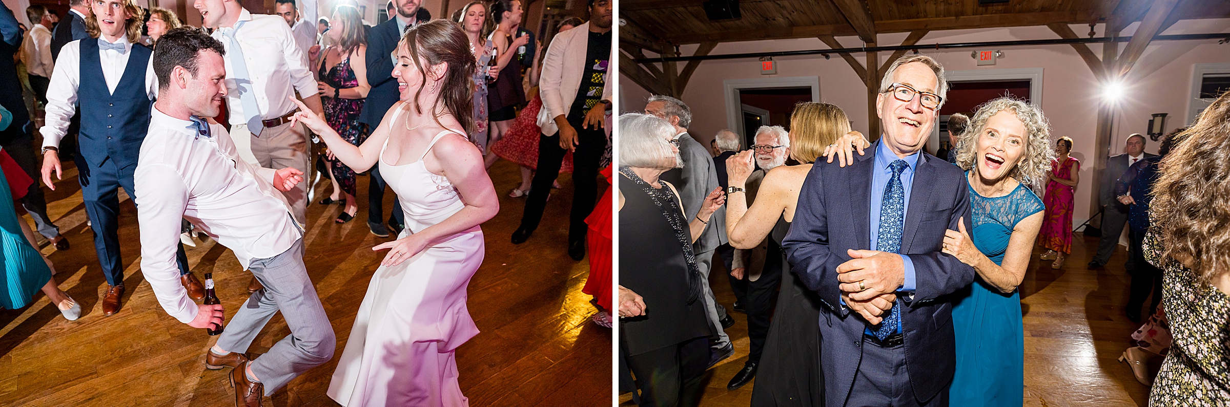 Two photos of people dancing at a celebration. On the left, a couple joyfully dances. On the right, an older couple poses, smiling with one person resting their arm on the other's shoulder.